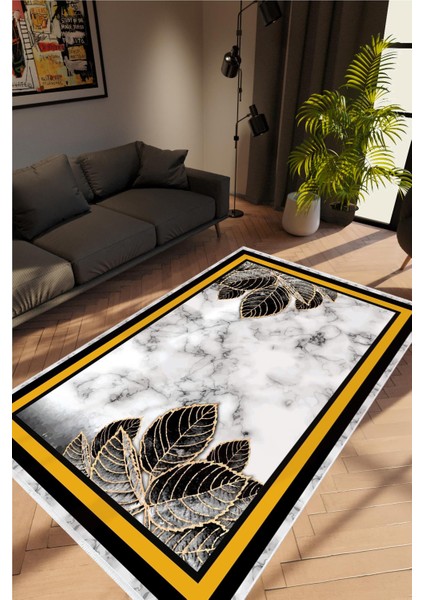 Salon Halısı Çiçekli Gri Beyaz Siyah Altın Kaydırmaz Yıkanabilir Ince Halı Tüysüz Kilim