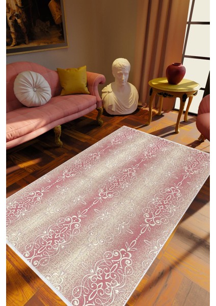 Salon Halısı Klasik Bordo Ekru Kahverengi Kaydırmaz Kesme Yıkanabilir Ince Halı Tüysüz Kilim