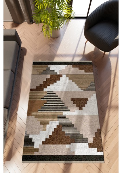 Modern Geometrik Krem Dijital Baskı Halı Kaydırmaz Ince Yıkanabilir