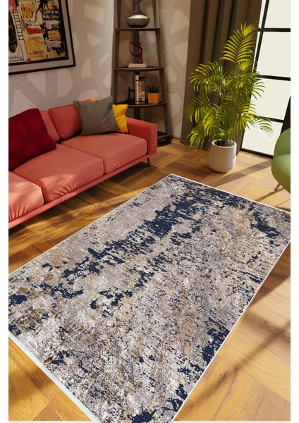 Salon Halısı Modern Eskitme Haki Gri Lacivert Kaydırmaz Kesme Yıkanabilir Ince Halı Tüysüz Kilim