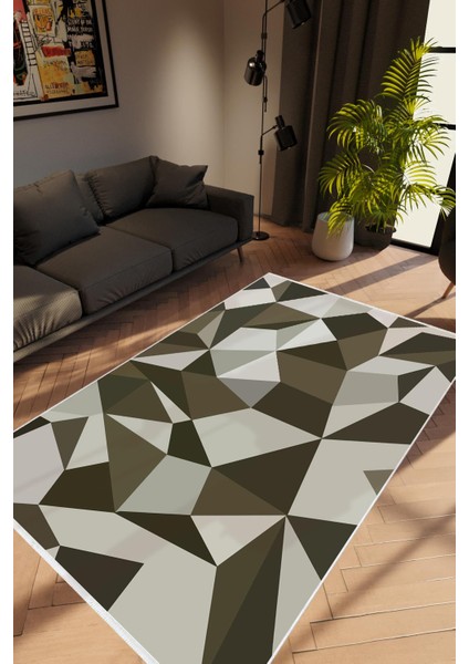 Salon Halısı Modern Geometrik Haki Gri Kahverengi Kaydırmaz Kesme Yıkanabilir Ince Halı Tüysüz Kilim