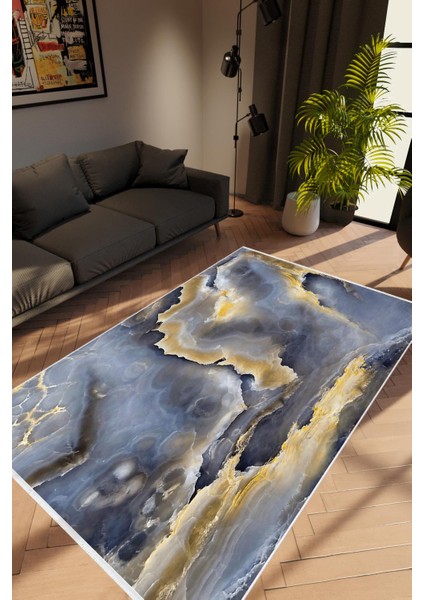 Salon Halısı Taş Mermer Modern Gri Mavi Kaydırmaz Kesme Yıkanabilir Ince Halı Tüysüz Kilim