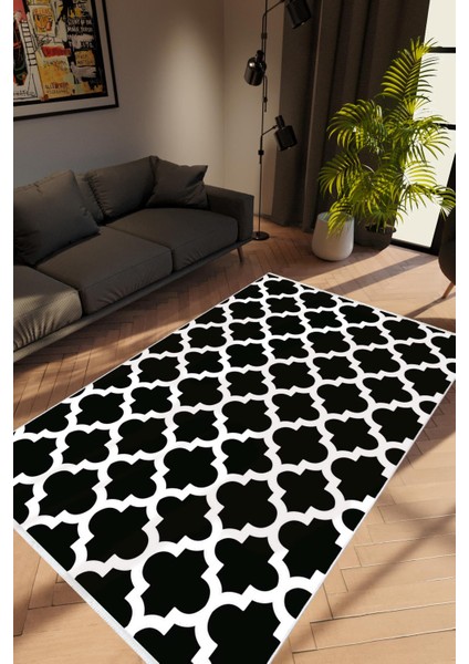 Salon Halısı Modern Geometrik Fas Siyah Beyaz Kaydırmaz Yıkanabilir Ince Halı Tüysüz Kilim