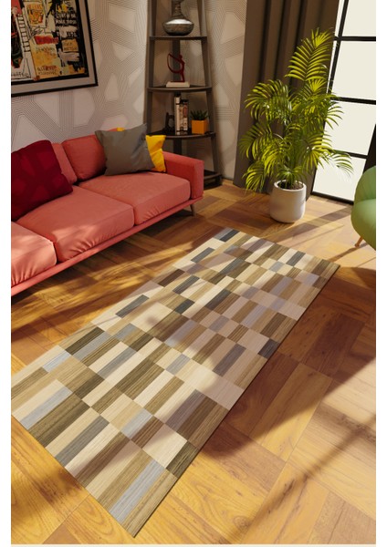 Modern Patchwork Krem Dijital Baskı Halı Kaydırmaz Ince Yıkanabilir