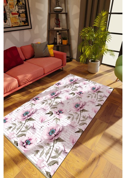 Modern Çiçekli Karışık Renkli Dijital Baskı Halı Kaydırmaz Ince Yıkanabilir