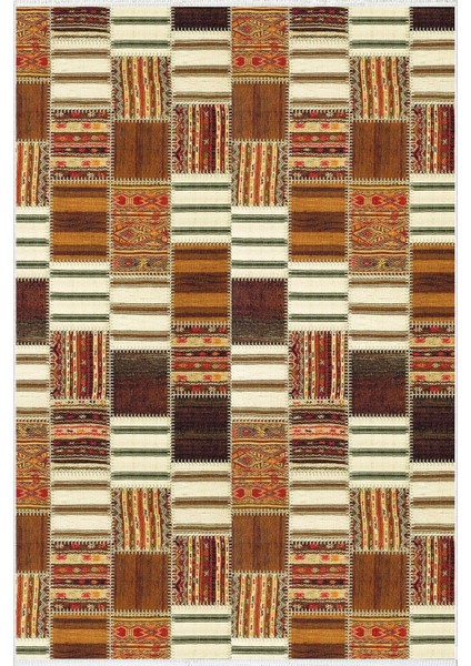 Salon Halısı Modern Patchwork Kahverengi Ekru Kaydırmaz Kesme Yıkanabilir Ince Halı Tüysüz Kilim