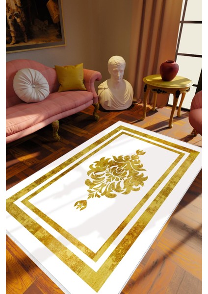 Salon Halısı Klasik Eskitme Altın Beyaz Gold Kaydırmaz Kesme Yıkanabilir Ince Halı Tüysüz Kilim