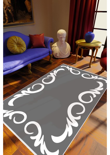 Salon Halısı Eskitme Klasik Gri Beyaz Kaydırmaz Kesme Yıkanabilir Ince Halı Tüysüz Kilim