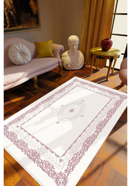 Salon Halısı Klasik Beyaz Mor Pudra Kaydırmaz Kesme Yıkanabilir Ince Halı Tüysüz Kilim