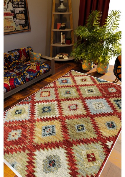 Salon Halısı Otantik Eskitme Patchwork Kırmızı Kaydırmaz Kesme Yıkanabilir Ince Halı Tüysüz Kilim