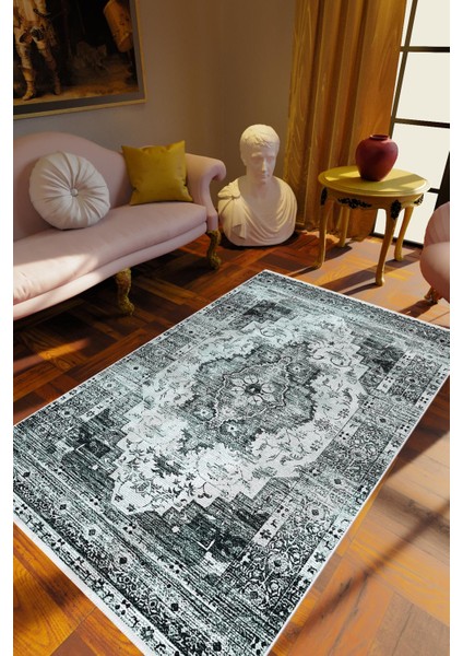 Salon Halısı Klasik Eskitme Metalik Gri Kaydırmaz Kesme Yıkanabilir Ince Halı Tüysüz Kilim