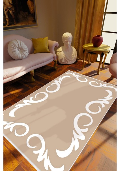 Salon Halısı Eskitme Klasik Bej Gülkkurusu Beyaz Kaydırmaz Kesme Yıkanabilir Ince Halı Tüysüz Kilim
