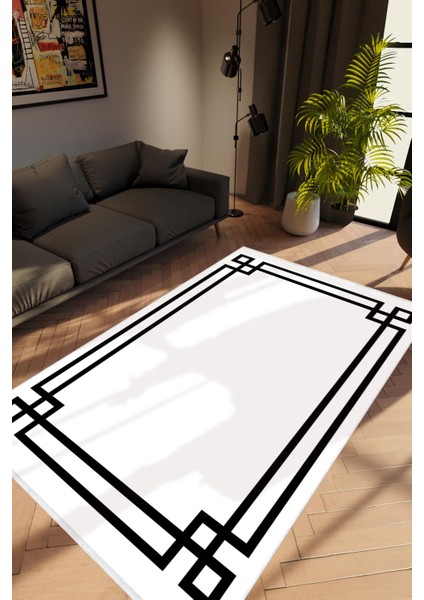 Salon Halısı Modern Çizgili Beyaz Siyah Kaydırmaz Kesme Yıkanabilir Ince Halı Tüysüz Kilim