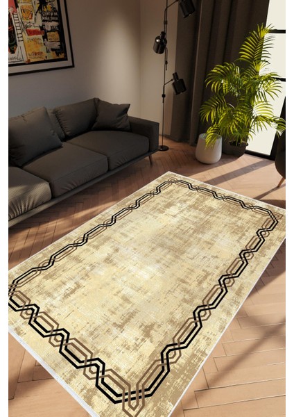 Salon Halısı Modern Eskitme Kahverengi Krem Kaydırmaz Kesme Yıkanabilir Ince Halı Tüysüz Kilim