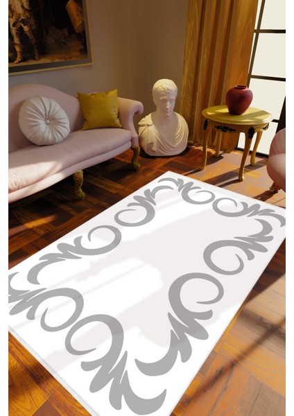 Salon Halısı Eskitme Klasik Gri Beyaz Kaydırmaz Kesme Yıkanabilir Ince Halı Tüysüz Kilim