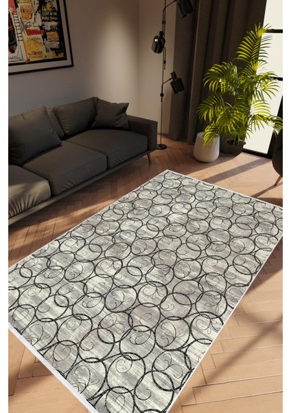 Salon Halısı Modern Geometrik Siyah Gri Kaydırmaz Kesme Yıkanabilir Ince Halı Tüysüz Kilim
