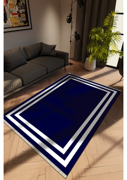 Modern Lacivert Dijital Baskı Halı Kaydırmaz Ince Yıkanabilir