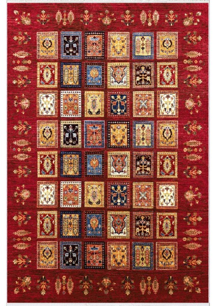 Salon Halısı Kilim Desenli Otantik Eskitme Bordo Kaydırmaz Kesme Yıkanabilir Ince Halı Tüysüz Kilim