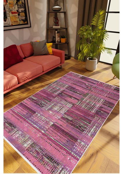 Salon Halısı Pastel Eskitme Mor Kaydırmaz Kesme Yıkanabilir Ince Halı Tüysüz Kilim