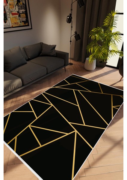 Salon Halısı Modern Altın Kahverengi Siyah Gold Kaydırmaz Yıkanabilir Ince Halı Tüysüz Kilim
