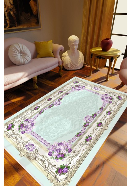 Salon Halısı Figürlü Çiçekli Turkuaz Kaydırmaz Kesme Yıkanabilir Ince Halı Tüysüz Kilim