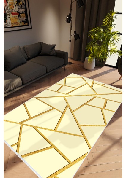 Salon Halısı Modern Geometrik Altın Krem Gold Kaydırmaz Kesme Yıkanabilir Ince Halı Tüysüz Kilim