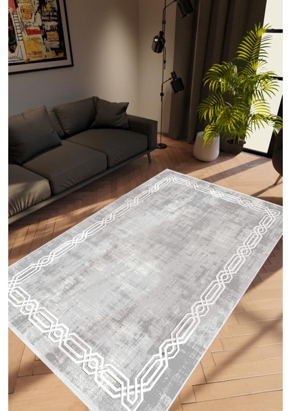 Salon Halısı Modern Eskitme Gri Kaydırmaz Kesme Yıkanabilir Ince Halı Tüysüz Kilim