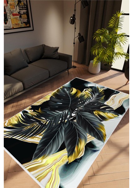 Salon Halısı Figürlü Çiçekli Siyah Kaydırmaz Kesme Yıkanabilir Ince Halı Tüysüz Kilim