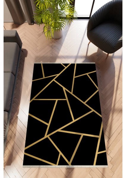 Modern Geometrik Siyah Dijital Baskı Halı Kaydırmaz Ince Yıkanabilir