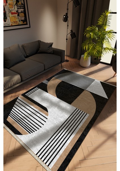 Modern Geometrik Siyah Dijital Baskı Halı Kaydırmaz Ince Yıkanabilir