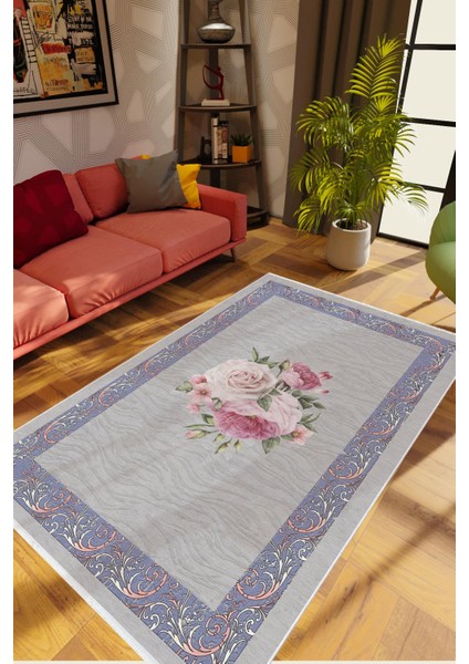 Salon Halısı Çiçekli Gül Temalı Gri Eflatun Pembe Kaydırmaz Yıkanabilir Ince Halı Tüysüz Kilim