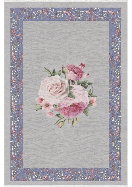 Salon Halısı Çiçekli Gül Temalı Gri Eflatun Pembe Kaydırmaz Yıkanabilir Ince Halı Tüysüz Kilim fiyatları