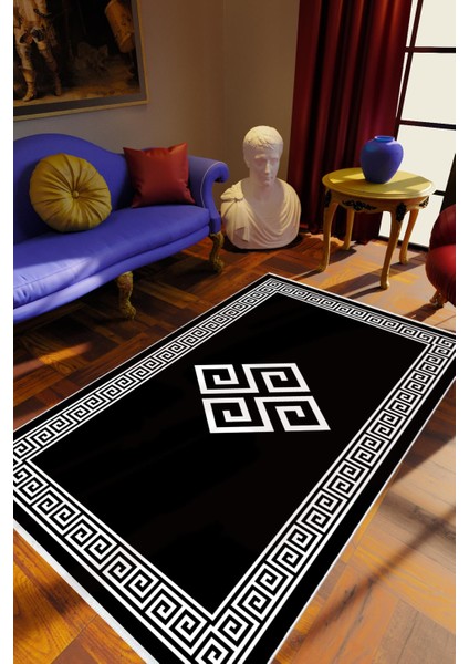 Salon Halısı Klasik Siyah Kaydırmaz Kesme Yıkanabilir Ince Halı Tüysüz Kilim
