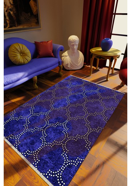 Klasik Çivit Dijital Baskı Halı Kaydırmaz Ince Yıkanabilir