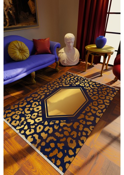 Klasik Gold Dijital Baskı Halı Kaydırmaz Ince Yıkanabilir
