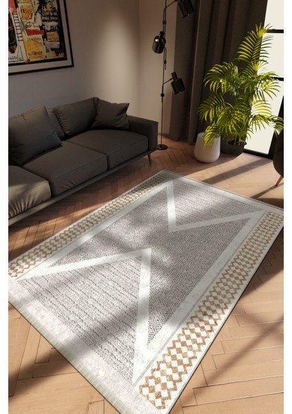 Modern Geometrik Gri Dijital Baskı Halı Kaydırmaz Ince Yıkanabilir