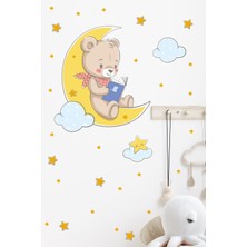 Msticker Ayda Kitap Okuyan Ayıcık Bulut ve Yıldızlar Çocuk Bebek Odası Sticker Seti