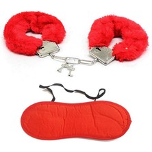 Tazador Kırmızı Renk Tüylü Otrişli Anahtarlı Peluş Kelepçe ve Kırmızı Uyku Bandı Seti