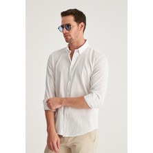 Slim Fit Beyaz Düğmeli Yaka %100 Pamuk Yazlık Flamlı Keten Görünümlü Gömlek 6HC02ORT63265