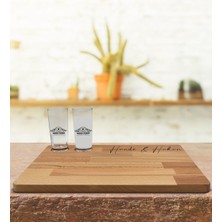 BK Kişiye Özel 2’li Rakı Bardağı ve Doğal Masif Ahşap Servis Sunum Tepsisi Model 33