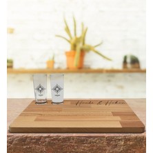 BK Kişiye Özel 2’li Rakı Bardağı ve Doğal Masif Ahşap Servis Sunum Tepsisi Model 26