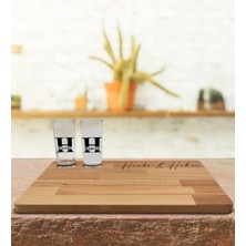 BK Kişiye Özel 2’li Rakı Bardağı ve Doğal Masif Ahşap Servis Sunum Tepsisi Model 31