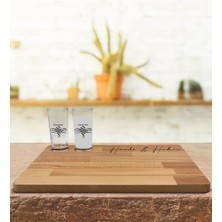 BK Kişiye Özel 2’li Rakı Bardağı ve Doğal Masif Ahşap Servis Sunum Tepsisi Model 24