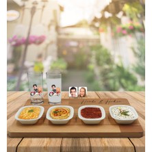 BK Kişiye Özel Sevgililer Karikatürlü 2’li Rakı Bardağı ve Meze Tabaklı Doğal Masif Ahşap Servis Sunum Tepsisi Model 12