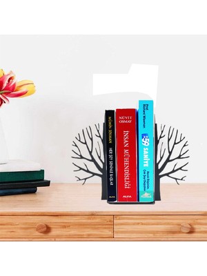 Evay Tasarım Ağaç Desenli Kitap Desteği - Ev ve Ofis Dekoratif Estetik Kitap Tutucu 2'li Set Siyah