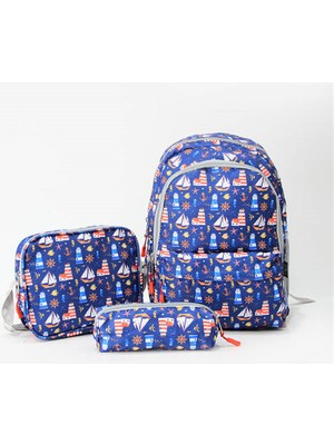 Deniz Desenli Unisex Okul Çantası Seti – İki Bölmeli, Tablet Gözlü, 37x27x12 cm, Günlük ve Okul Kullanımına Uygun