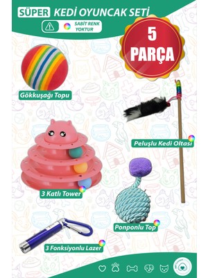 Ast Gross Pet Süper Kedi Oyuncak Seti Kedi Topu Kedi Oltası Kedi Lazer 3 Katlı Kedi Oyuncak Tower