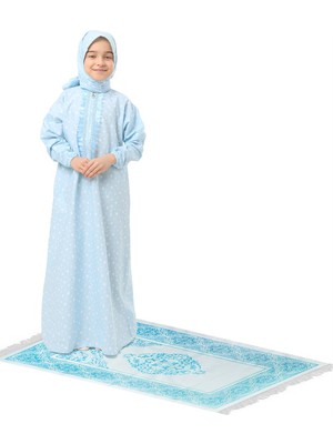 Elanesa Pratik Fermuarlı Pamuklu Kız Çocuk Namaz Elbisesi Seccadeli Mavi Baskılı