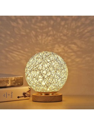 Xinh Lambalar LED Ahşap Masa Lambası Yaratıcı Ahşap Rattan Küresel Top Başucu Gece Işığı H -Knit (Yurt Dışından)