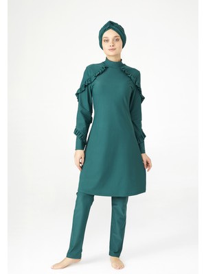 Adasea Fırfır Tasarım Likralı Tam Kapalı Tesettür Mayo Fırfır Adasea 4104 Yeşil
